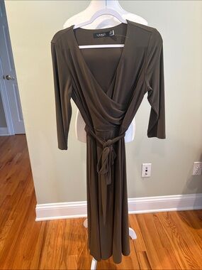 Lauren Ralph Lauren Olive Green Wrap-Style Long Sleeve Maxi Dress
